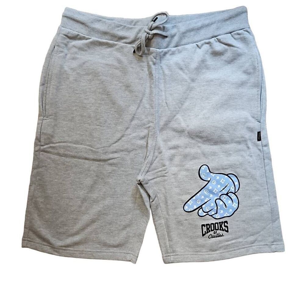 Crooks and Castles Men's Fleece with Air Gun Logo Shorts Grey Light Blue XLarge